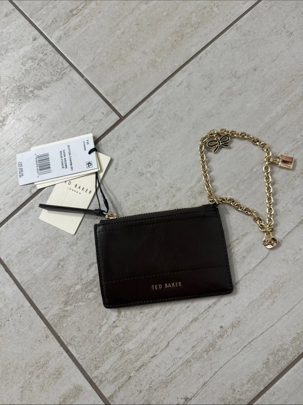 Ted Baker Dark Brown Leather Card & Key Holder with Gold Chain ..nwt ..authentic
